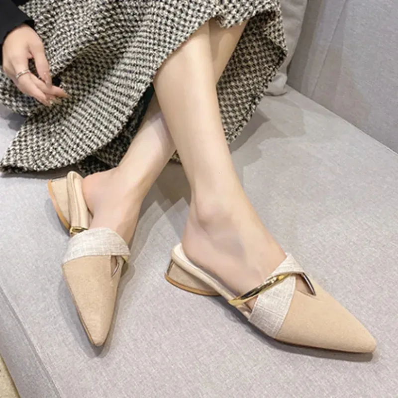 Womens Closed Slippers Korean Style Fashionabl Pointed Toe Women Shoes Comfortable Low Heel Mules Zapatillas Mujer250102_voghion.com