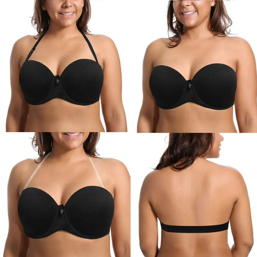 Halter Women's Bra, Plus Size, Push Up Padded, Transparent Band Straps, Brassiere, Gather, A B C D E F Cup