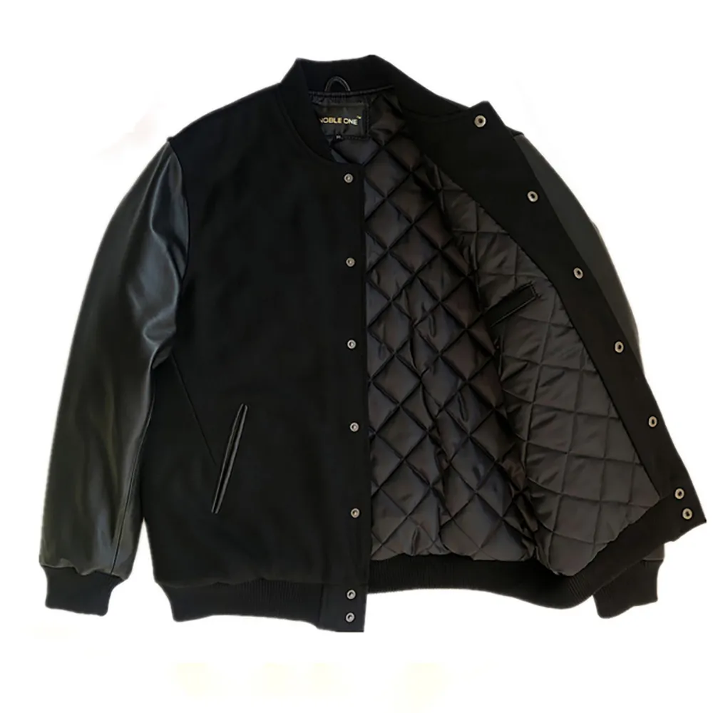 Sheepskin Varsity Jacket Men Wool Liner Slim Fit Single Breasted