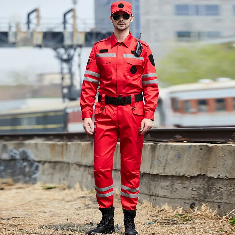 Red Safety Reflective Workwear Anti Static Fire Rescue Suit With Long ...