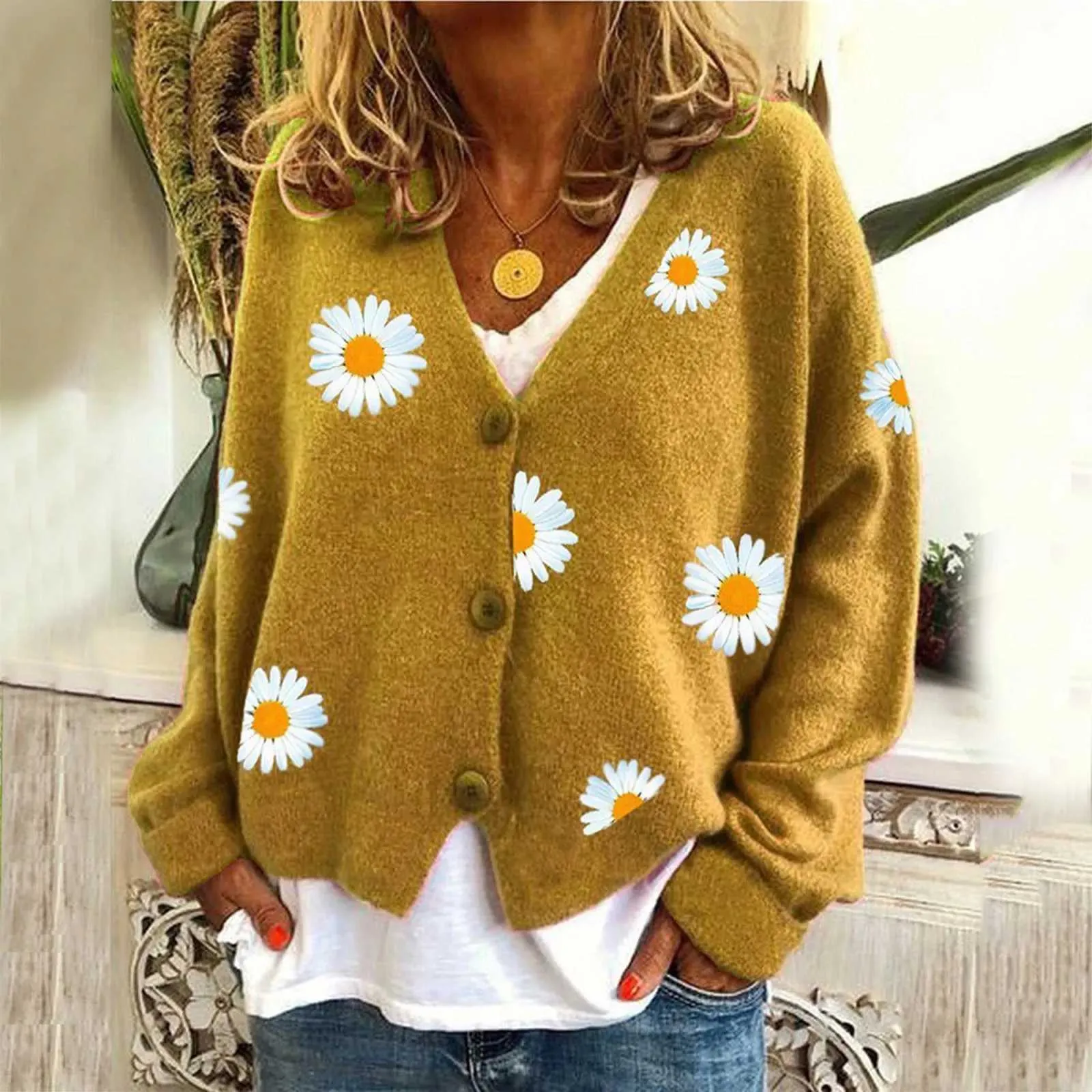 デイジーカーディガン Womens Cardigan Daisy Flower Embroidered Knitted From