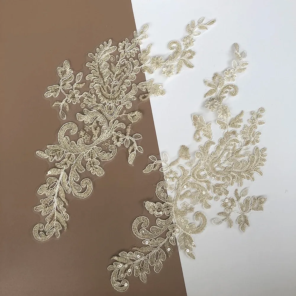 Appliques For Wedding Gowns: Champagne Gold Floral Lace Applique With Clear  Sequins For Bridal Dress Embellishments From Dh2958055, $19.49 | DHgate.Com