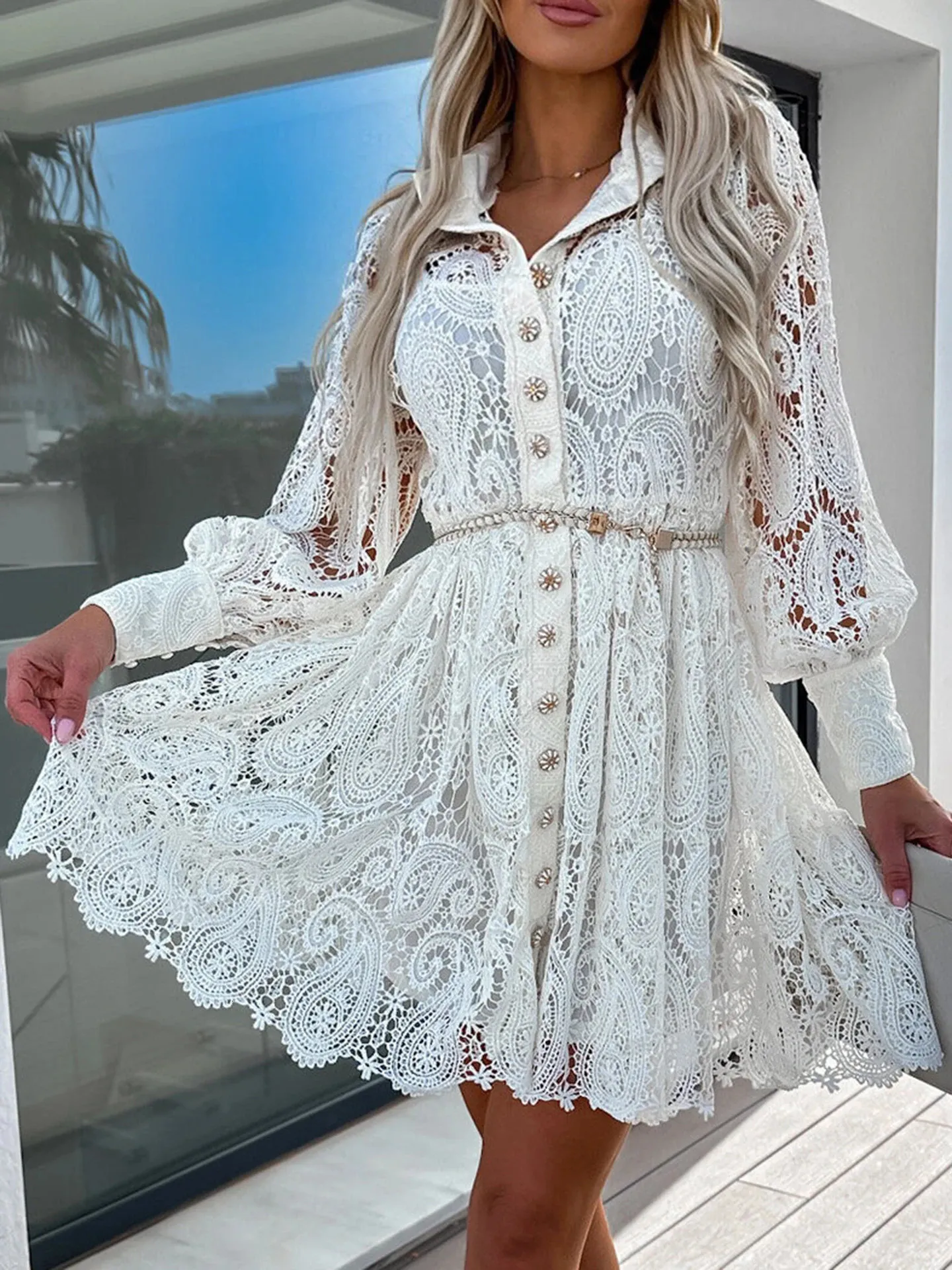 Elegant Lace Embroidered Short White boho dress for Women - Summer Casual Button White boho dress with Long Sleeves - Lady Fashion Party White boho Elegant Lace Embroidered Short White boho dress for Women - Summer Casual Button White boho dress with Long Sleeves - Lady Fashion Party White boho