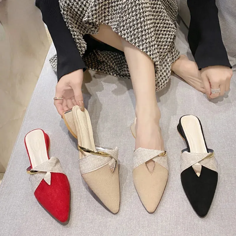 Womens Closed Slippers Korean Style Fashionabl Pointed Toe Women Shoes Comfortable Low Heel Mules Zapatillas Mujer250102_voghion.com