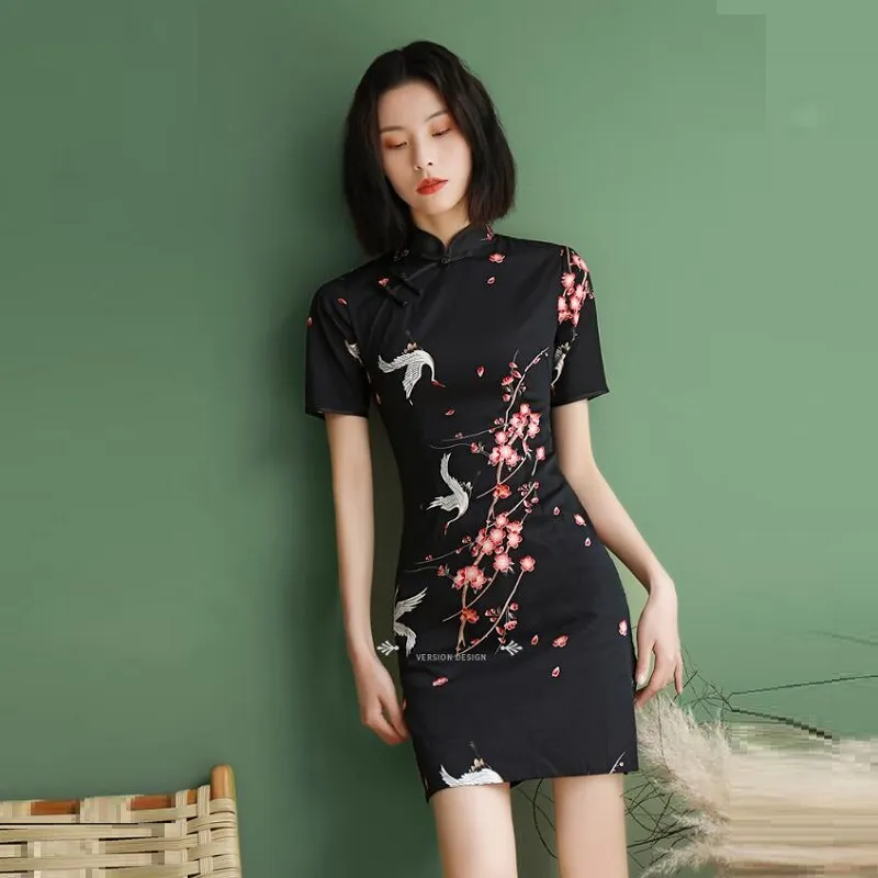 Sexy Black Cheongsam Cheongsam mini dress for Women - Modern Oriental with Japanese Robe - Perfect for Casual Occasions (TA1433)