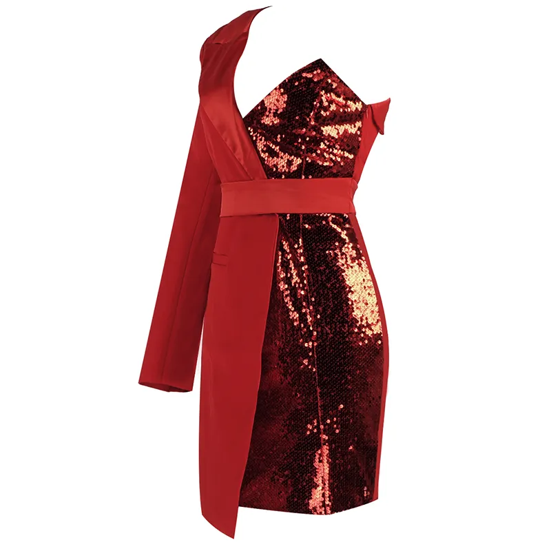 one shoulder sequin blazer dress Red Pactwork Sequined Dress Asymetrical One Shoulder Long Sleeve Party Dresses Ladies Colorblock Blazer Dress Red / M
