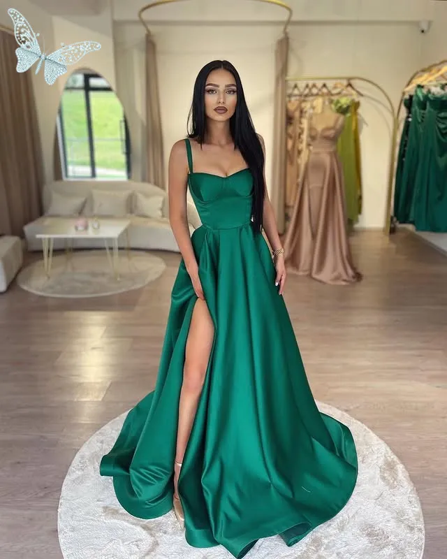 Dark Green Satin Prom Dress with Spaghetti Straps Floor-Length A-Line  Evening Gown with Side Split and Built-in Bra from Dhgate Evening Dresses -  price 164.83