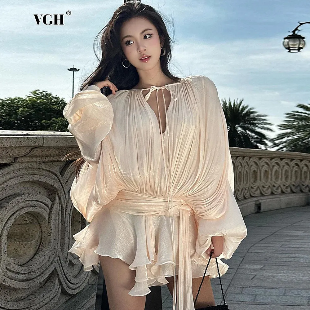 Save Big on Bulk Short Dress V Neck VGH Minimalist Solid Loose Short  Dresses For Women Round Neck Long Sleeve High Waist Spliced Lace Up Chic  Dress ...