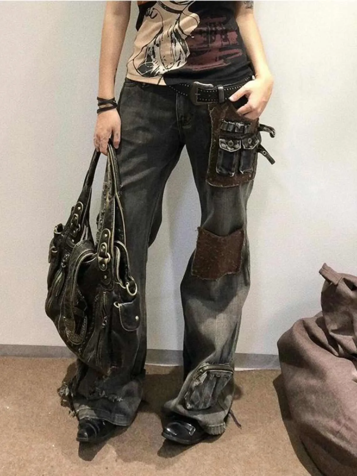 Women Gob Core Flare Cargo Jeans Grunge Japanese Abi... From 