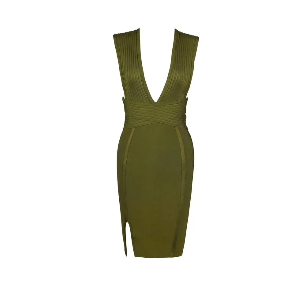 Fashion Solid Yellow Army Green Olive Backless Design Dress Sexy Sleeveless Deep V Neck Celebrity Party Club Bandage Mini Dress