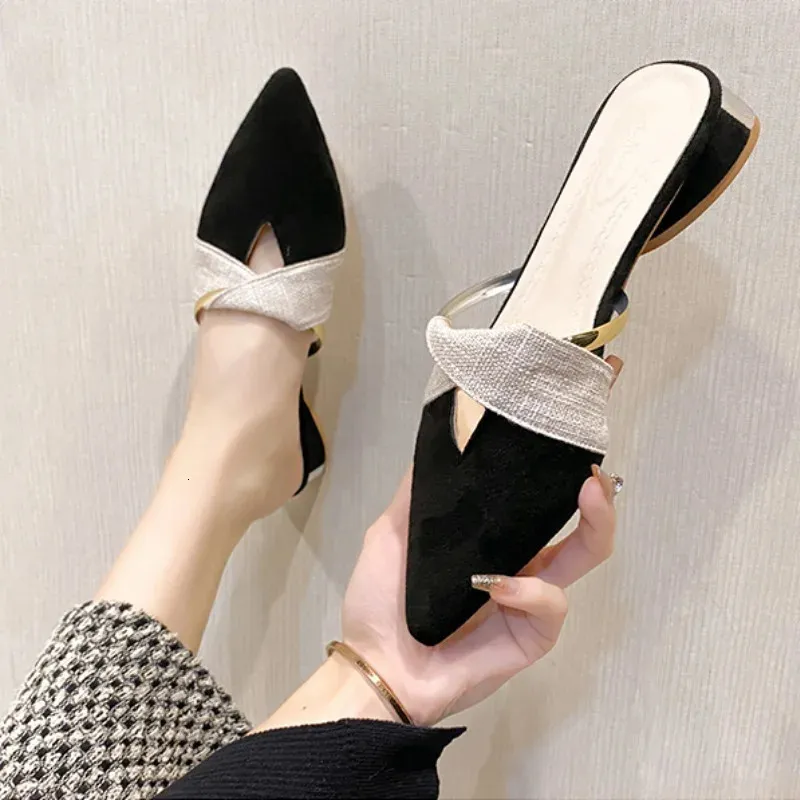 Womens Closed Slippers Korean Style Fashionabl Pointed Toe Women Shoes Comfortable Low Heel Mules Zapatillas Mujer250102_voghion.com