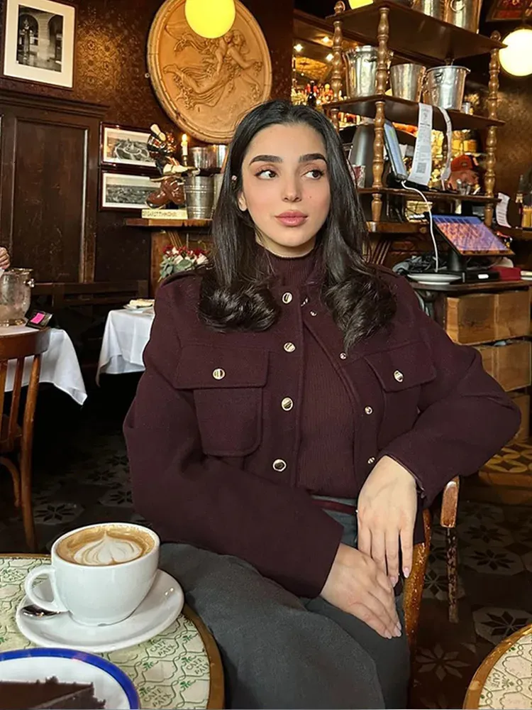 Elegant Womens Burgundy Cropped Jacket Stand Collar, Single Breasted, Full  Sleeve Coat With Pockets Autumn Outwear From Zara05, $59.1 | DHgate.Com