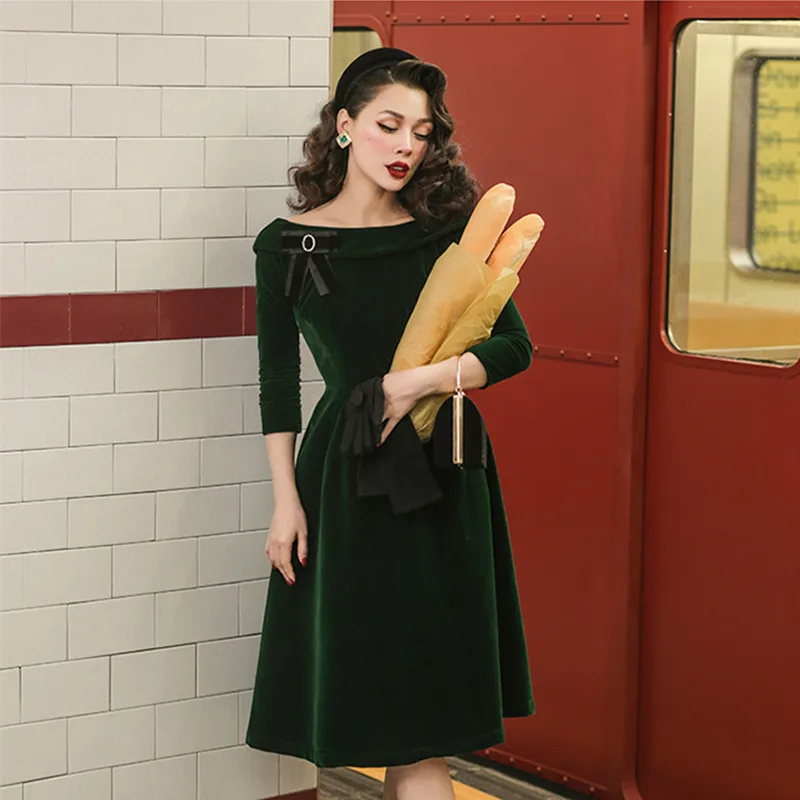 Winter Women Vintage 50s Velvet Boat Neck Swing Dress Green Plus Size  Knee-Length A-Line from Dhgate Basic & Casual Dresses - price 138.86