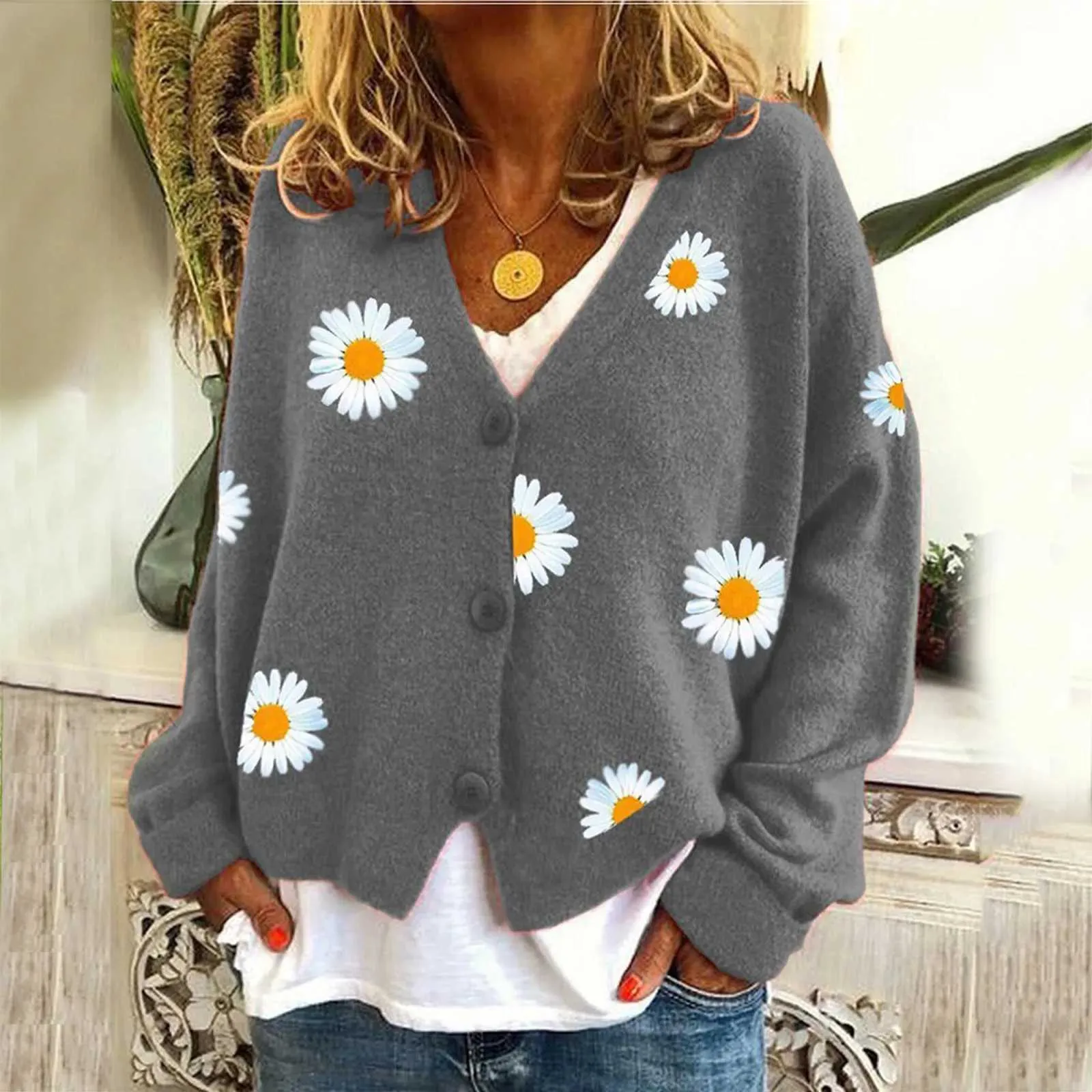 Womens Cardigan Daisy Flower Embroidered Knitted From