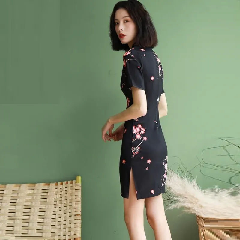 oriental dress black Black Floral Jacquard Sleeveless Qipao Cheongsam Dress main image 0
