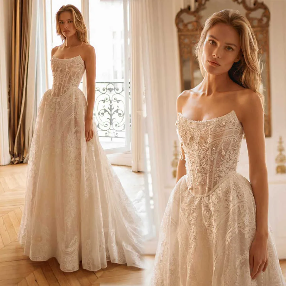 Customizable Lace Pearls Chantilly Lace Wedding Dress - Elegant Strapless Sleeveless Backless Gown with Sweep Train - Perfect for Weddings - Vestido
