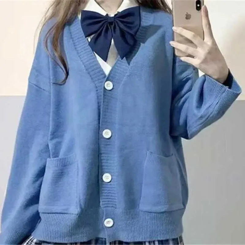 Women's Japanese Style V-Neck Cardigan - Knitted Long Sleeve With Pockets