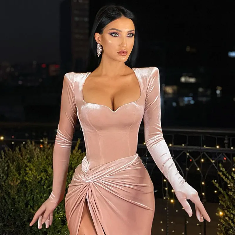 elegant dress cleavage Elegant Cryptographic Velvet Long Sleeve Ruched Dress with Gloves Sleeves and Ruched Detail for Women's Evening Club Outfits
