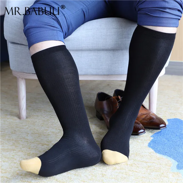 Men's Striped Mid-Tube Egyptian Cotton Dress Socks with Gold Toe and Stretchy Thin in Black, Navy, and Blue for Business Suits