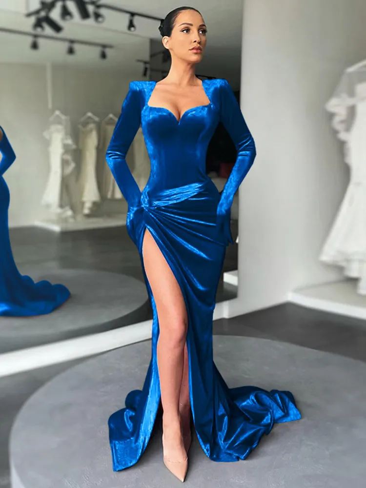 knee length dresses for ladies Royal Blue Velvet Long Sleeves Dress Royal Blue / US 10 main image 0
