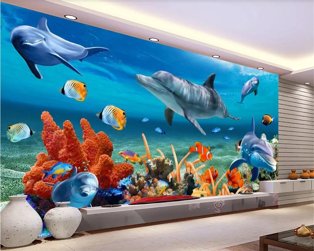 Papel De Parede De Peixe De Golfinhos Subaquático 3D Mural De Parede De  Aquário Personalizado Para Quartos Infantis De $159,51 | DHgate, image size:1000x800