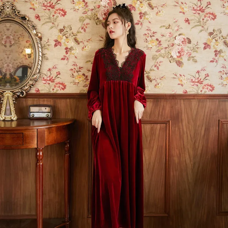 Vintage Velvet Nightgown with Lace Detailing - Plus Size Winter Victorian Sleepwear