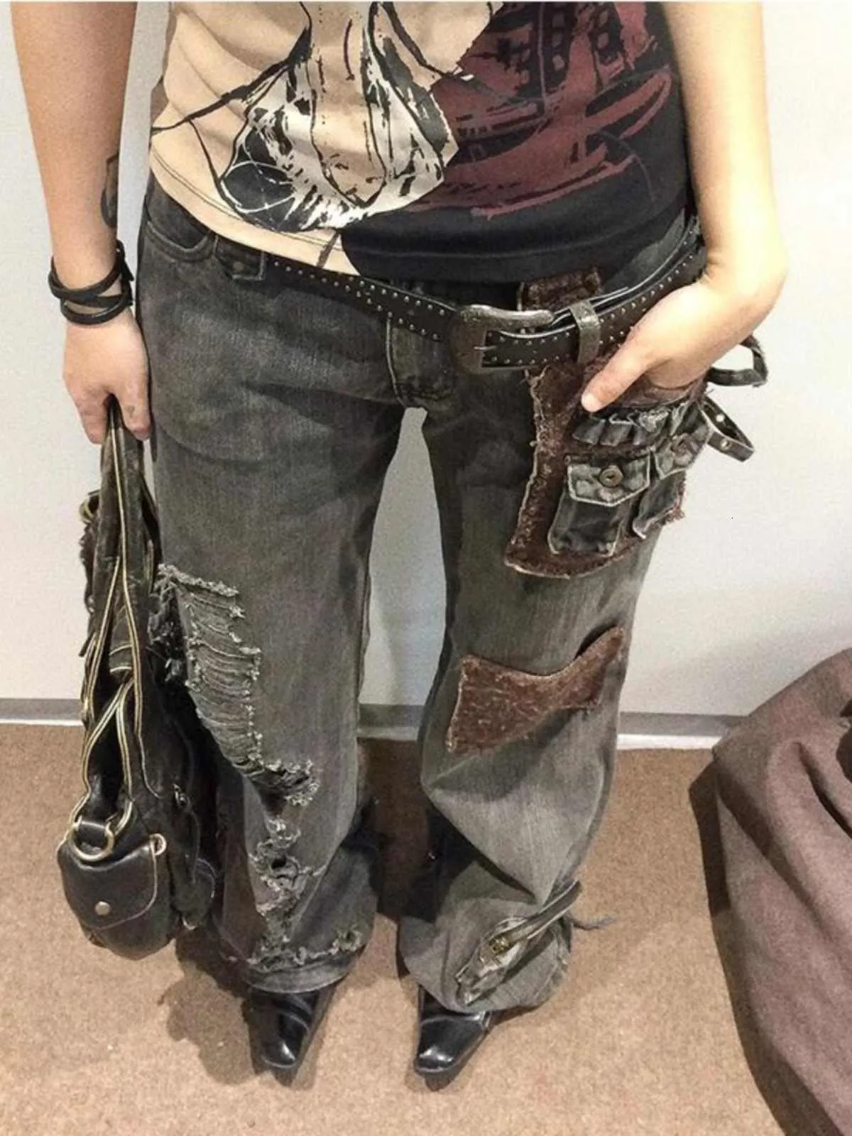 Women Gob Core Flare Cargo Jeans Grunge Japanese Abi... From 
