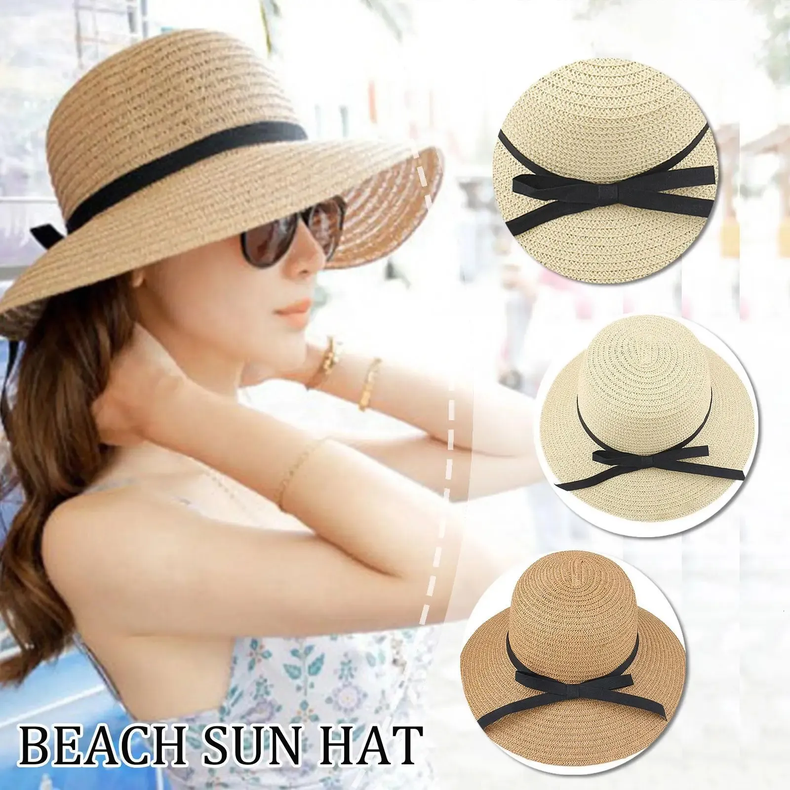 Summer Straw Hat Big Wide Brim Foldable Beach Sun Hat Straw 