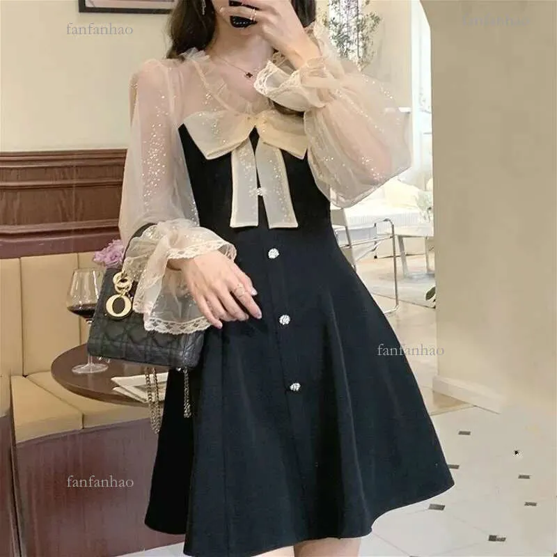 Vintage Black Lace Mini Korean Party Dress with Bow Detail - Elegant and Sexy One Piece for Women, Perfect for Spring and Chic Occasions (210325)