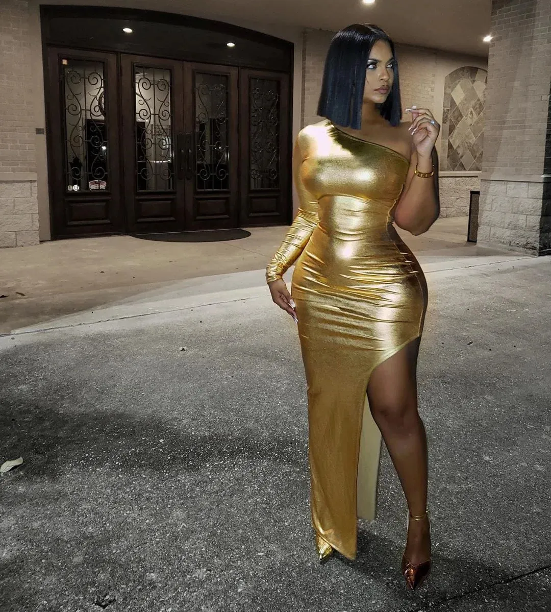 Gold One Shoulder Bodycon Dress - Elegant Split 2017 Party & Evening Club Wear for Women (Style 250103)