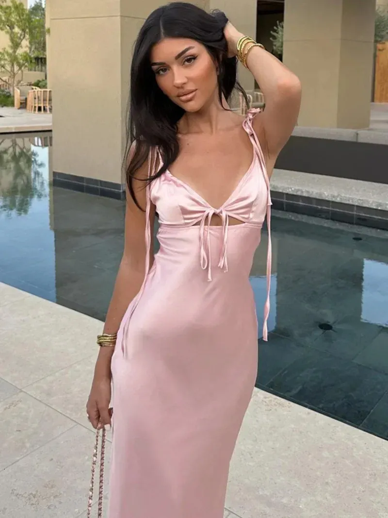 Pink Lace-Up Backless Holiday Backless Maxi Dress with V-Neck and Elegant Bandage Detailing - Perfect for Parties and Evening Events (Style 250103)