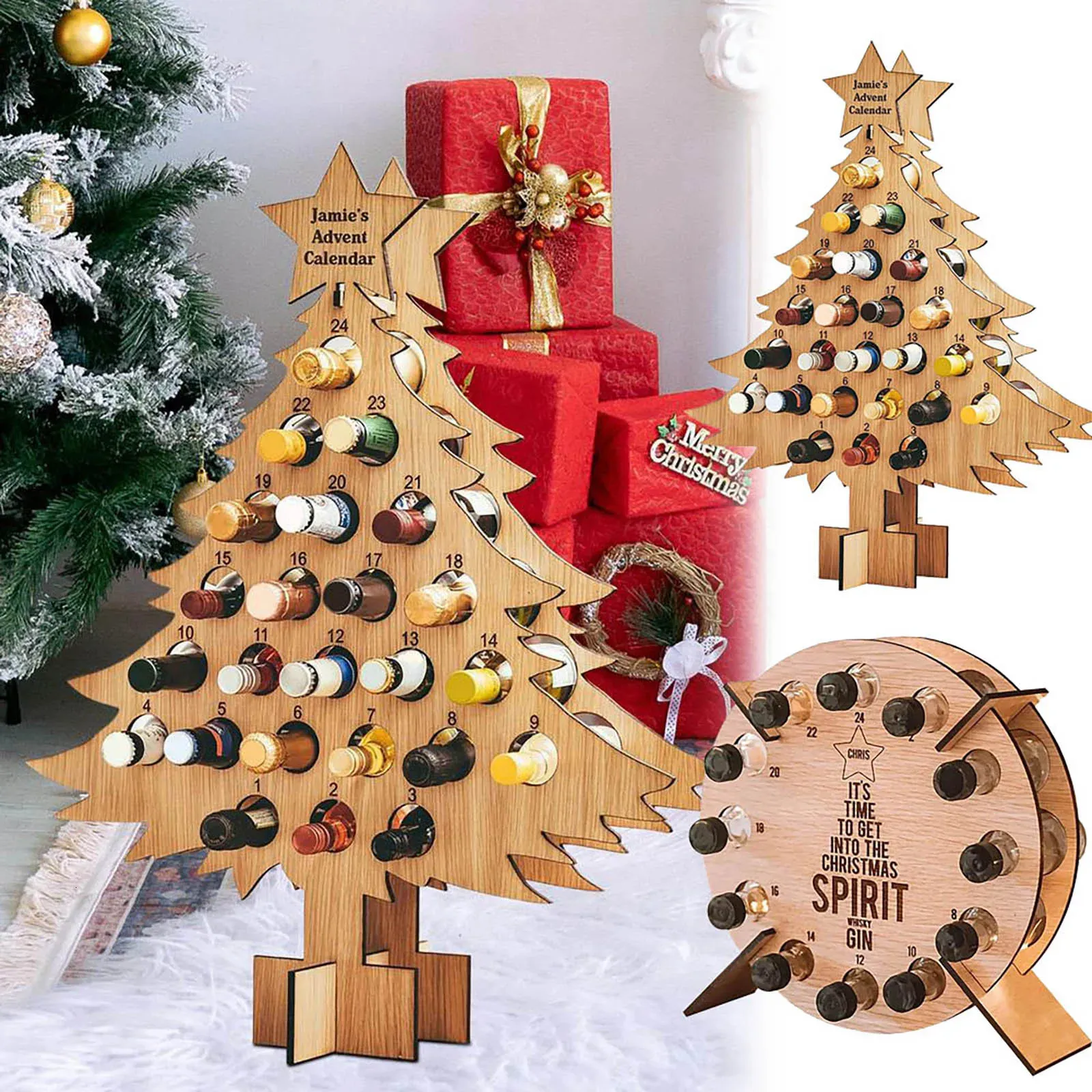 Festive Wooden Christmas Tree Wine Rack Holiday Wine Bottle