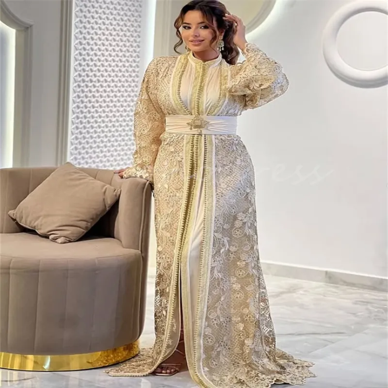 Champagne Moroccan baju kaftan Evening Dress with...