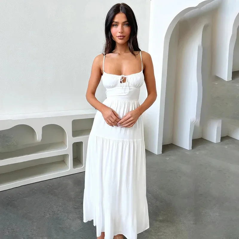 Vintage Boho Midi Dress for Women - Solid Color, Spaghetti Straps, Backless, White Bow Tie-Up, A-Line Style - Perfect for Parties and Beach -