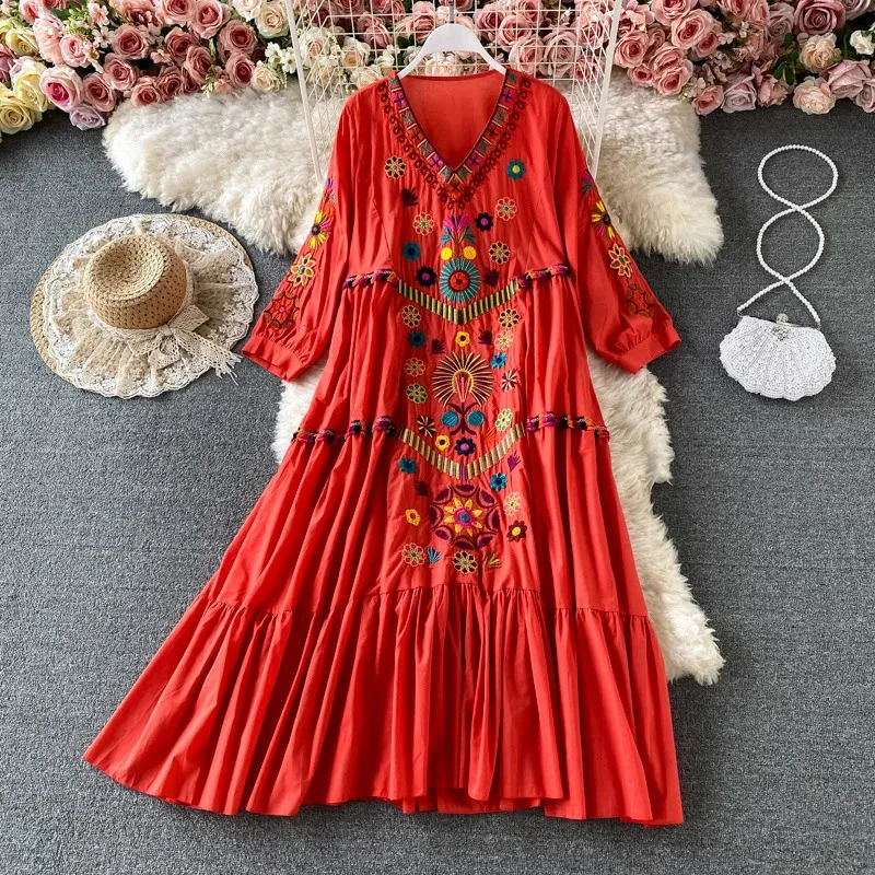 Vintage womens floral embroidered beach dress short sleeved V-neck chiffon  pullover floor-length summer dress from Dhgate Basic & Casual Dresses -  price 51.64