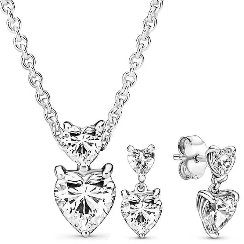 Sparkling Double Heart Jewelry Set: 925 Sterling Silver Necklace