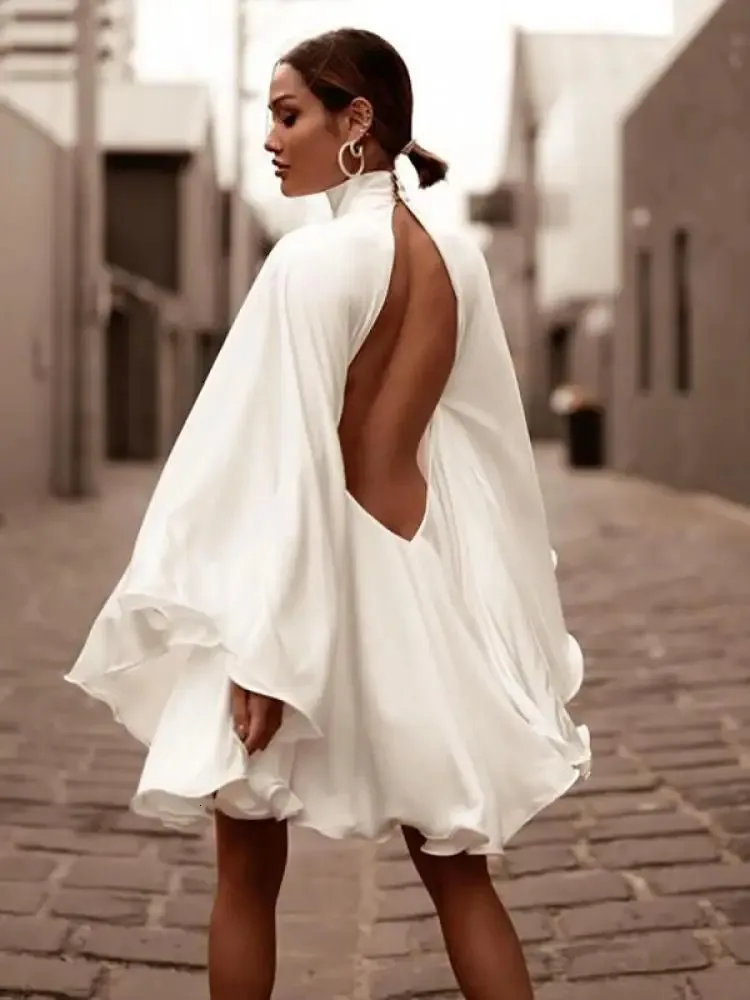 Modigirl Elegant White Turtleneck Mini White flowy dress with Ruffled Sleeves and Backless Design for Women's Party - Perfect for Summer and Autumn ( Modigirl Elegant White Turtleneck Mini White flowy dress with Ruffled Sleeves and Backless Design for Women's Party - Perfect for Summer and Autumn (