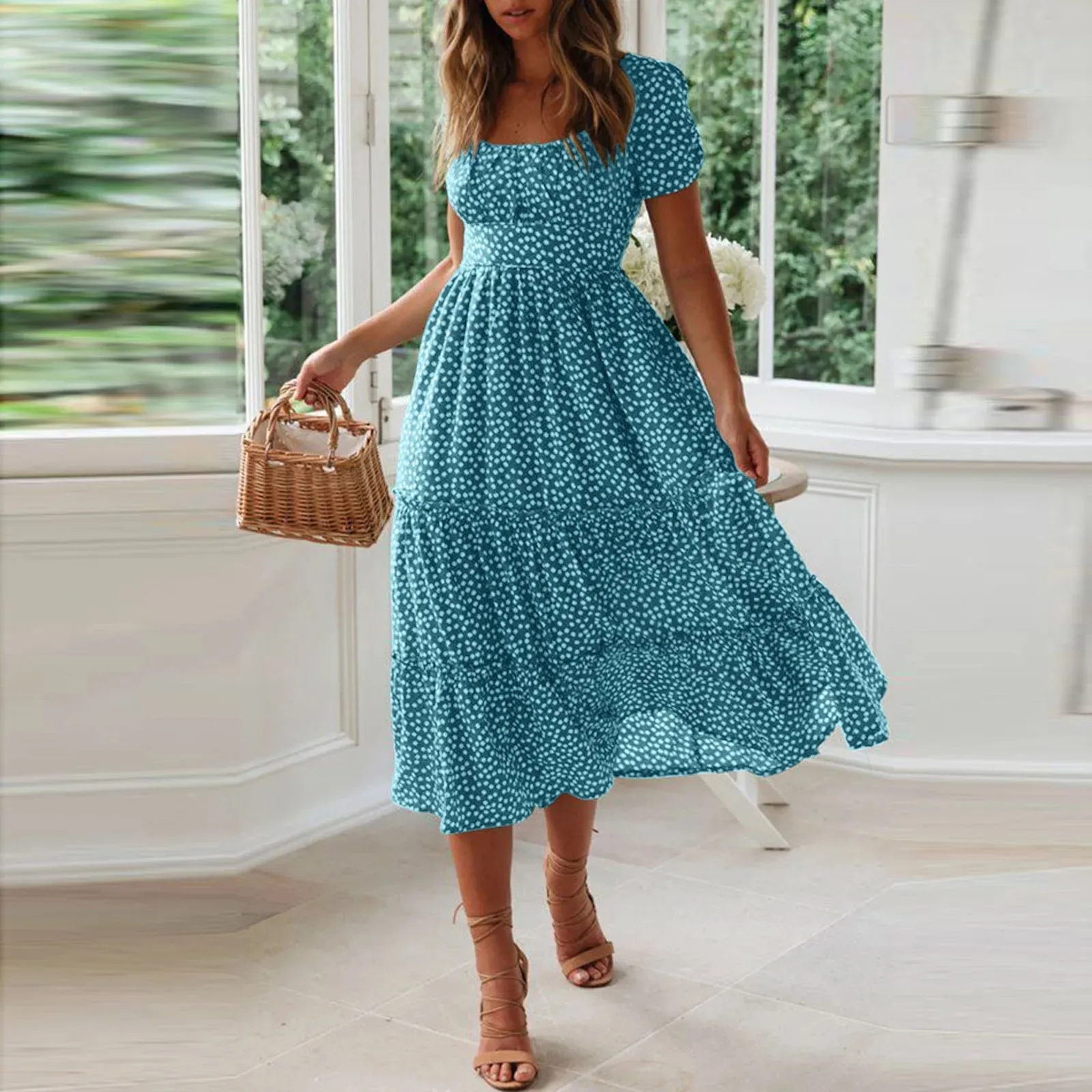 Flower Sleeve Flare midi midi dress with sleeves for Women - Casual and Flowy Summer midi dress with sleeves (Ropa Para Mujer)