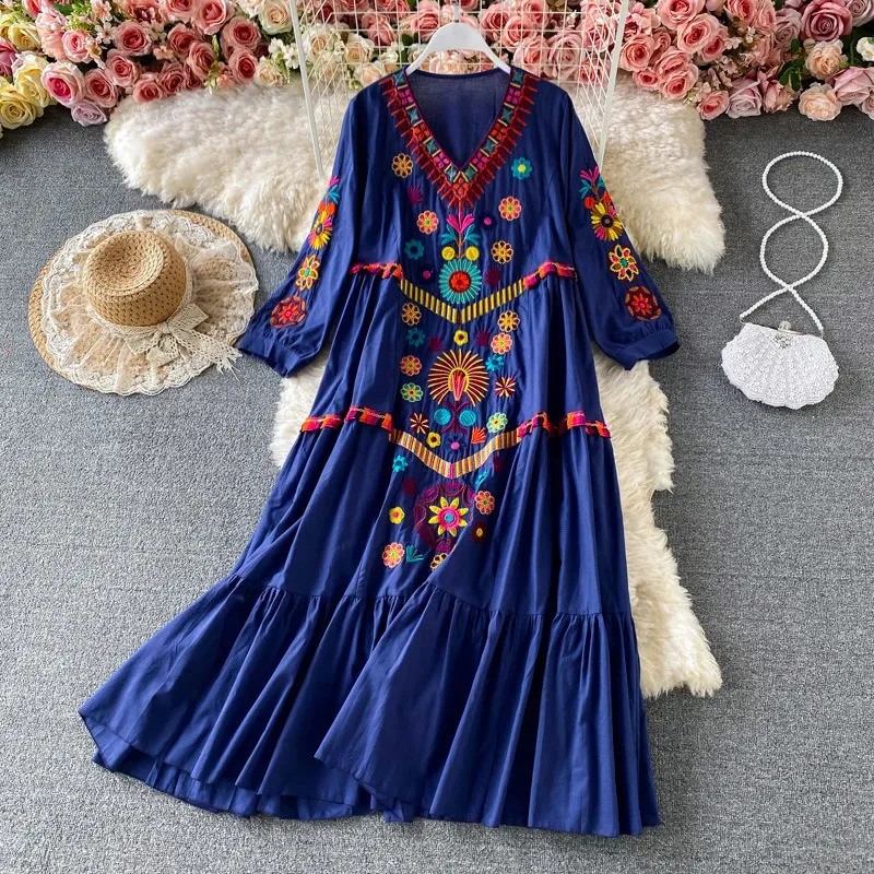 Vintage womens floral embroidered beach dress short sleeved V-neck chiffon  pullover floor-length summer dress from Dhgate Basic & Casual Dresses -  price 51.64