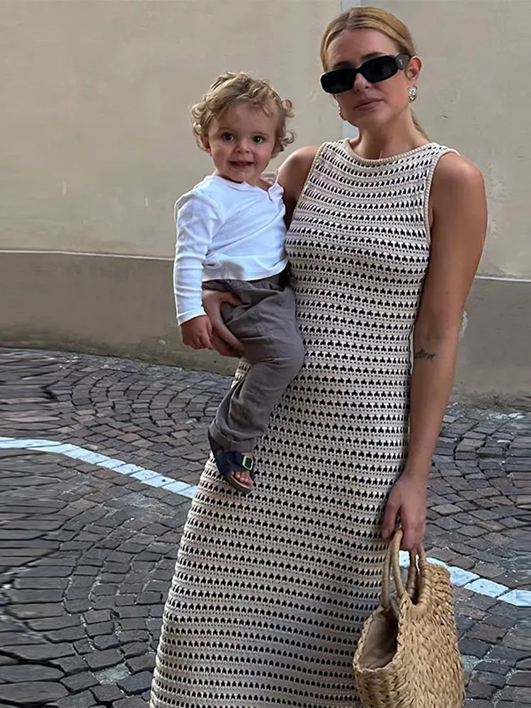 Vestido De Punto A Rayas, Cuello O Sin Mangas, Vestido Largo De