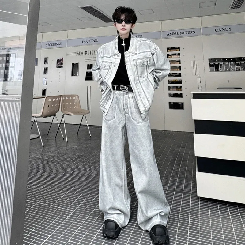 Denim Jacket Pants Set Two-Piece Acrylic Loose Fit Sport Style for