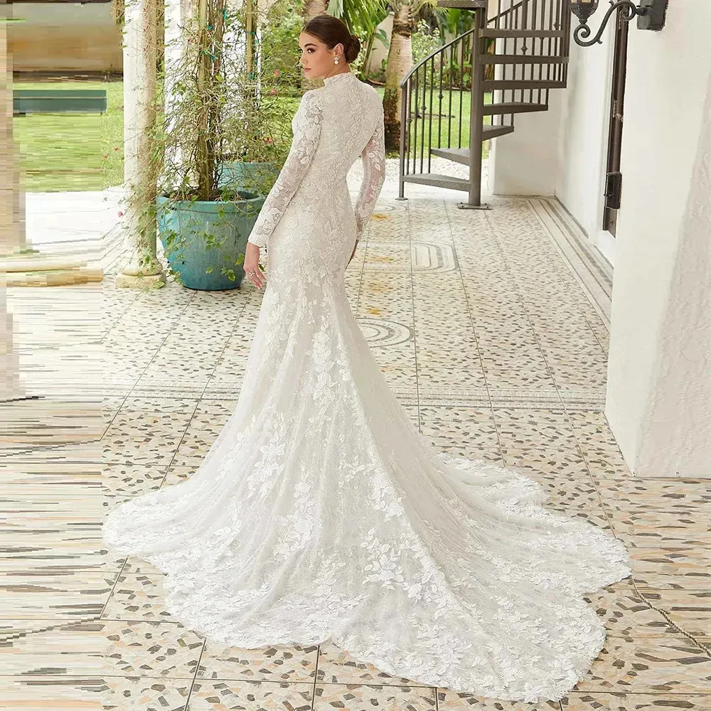 Abito Da Sposa Sirena In Pizzo, Manica Lunga, Collo Alto, Abito Da Sposa  Elegante, Treno Di Corte, Modesto, 2024 Da 140,42 € | DHgate, image size:1000x1000