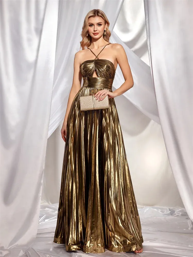 Lucyinlove Gold Metallic Pleated Floor Length Gown... From Cong04, $49.32 |  DHgate.Com