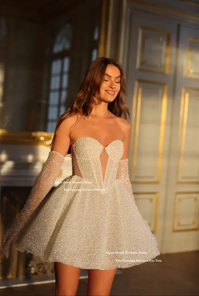 Xijin Glitter Sweetheart A-Line Ball Sparkly Wedding Dress - Short Wedding & Formal Event Cocktail Party Sparkly Wedding Dress with Customization (