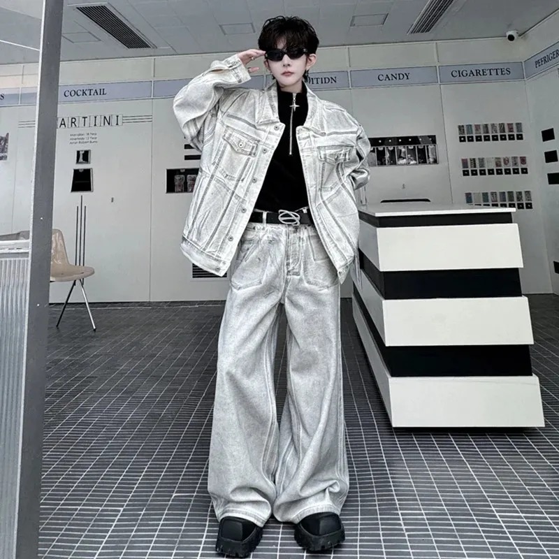 Denim Jacket Pants Set Two-Piece Acrylic Loose Fit Sport Style for