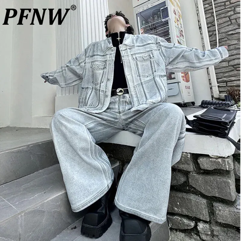 Denim Jacket Pants Set Two-Piece Acrylic Loose Fit Sport Style for