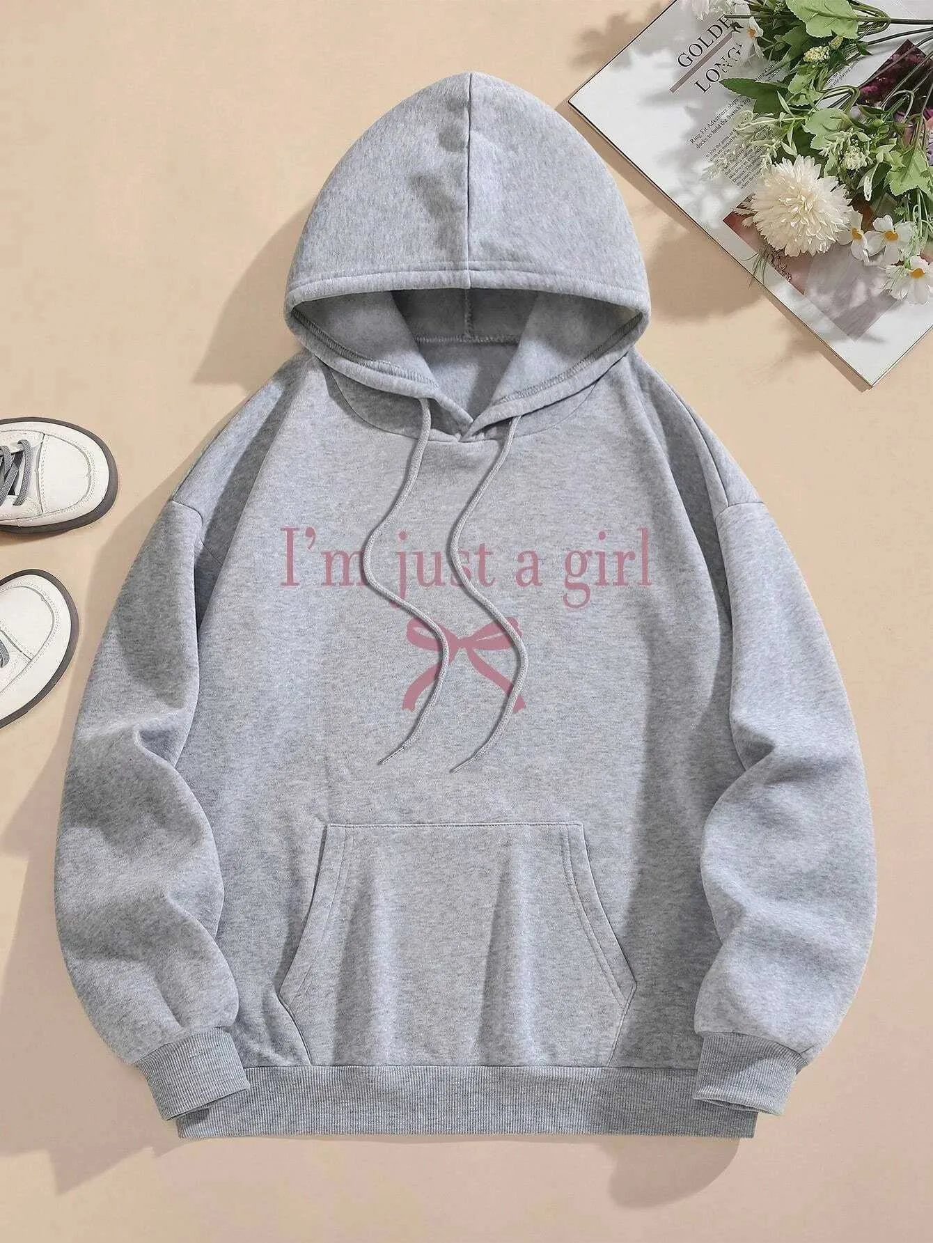 Women's Fleece Hoodie with Bow Print Casual, Streetwear, Autumn, Pocket,  Unisex