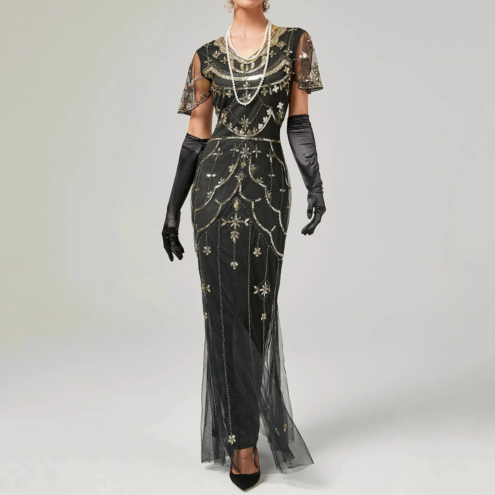 open lace back dress Wedtrend Women's Great Gatsby Dress Beaded Fringed Dark Green Flapper Dress, Dark Green / L main image 1