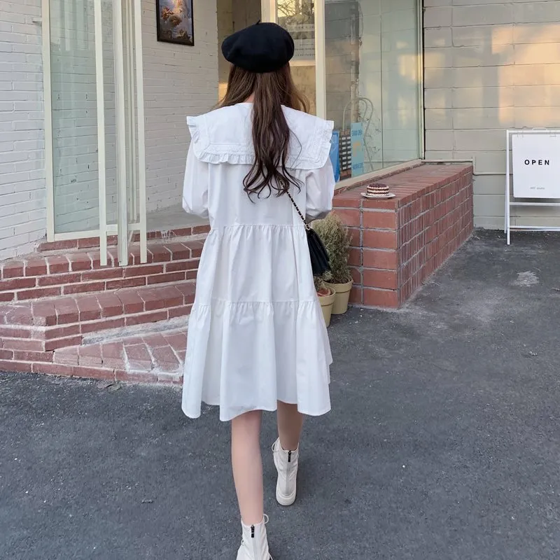 Stylish White Sailor Collar Long Sleeve White cotton dress for Women - Perfect for College, School, and Casual Wear