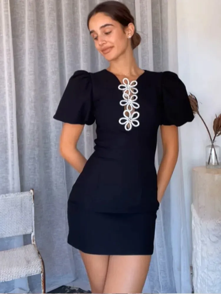 Black Metal Flower Decoration Mini Dress - Elegant and Fashionable Women's Evening Party womens Dress vest (2025) Black Metal Flower Decoration Mini Dress - Elegant and Fashionable Women's Evening Party womens Dress vest (2025)